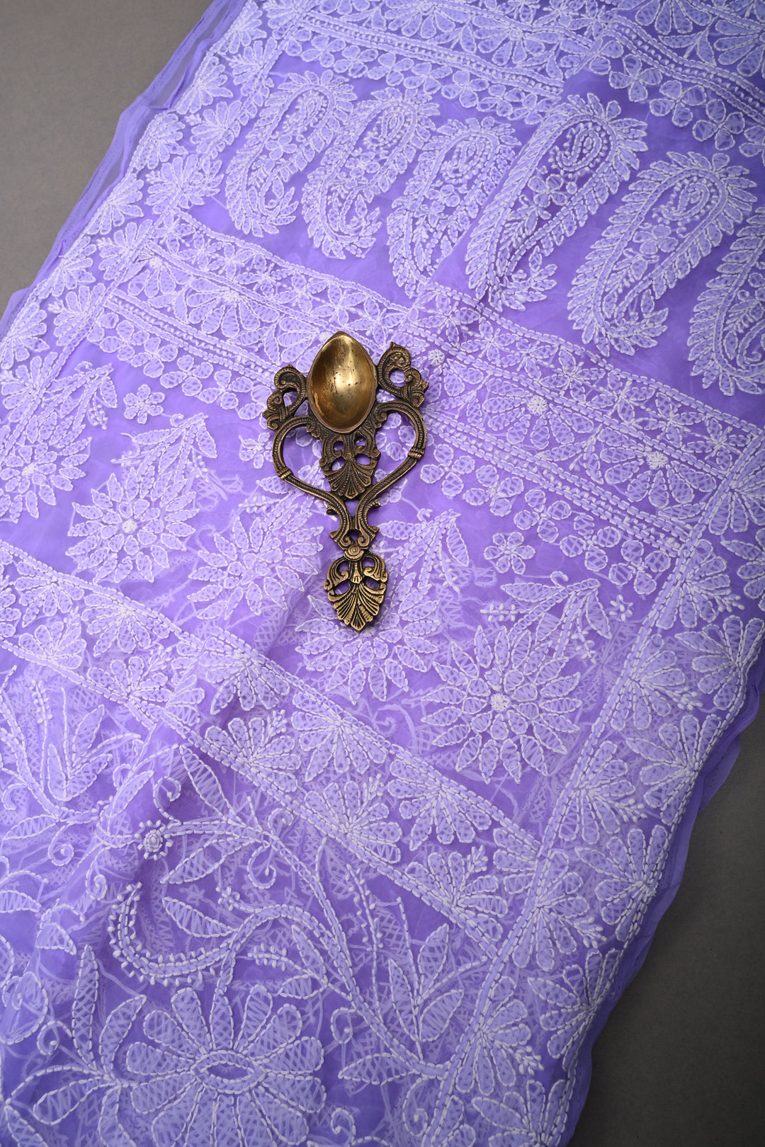 Periwinkle Authentic Hand-Embroidered Full Jaal Chikankari Georgette Saree with Border | SHOBITAM