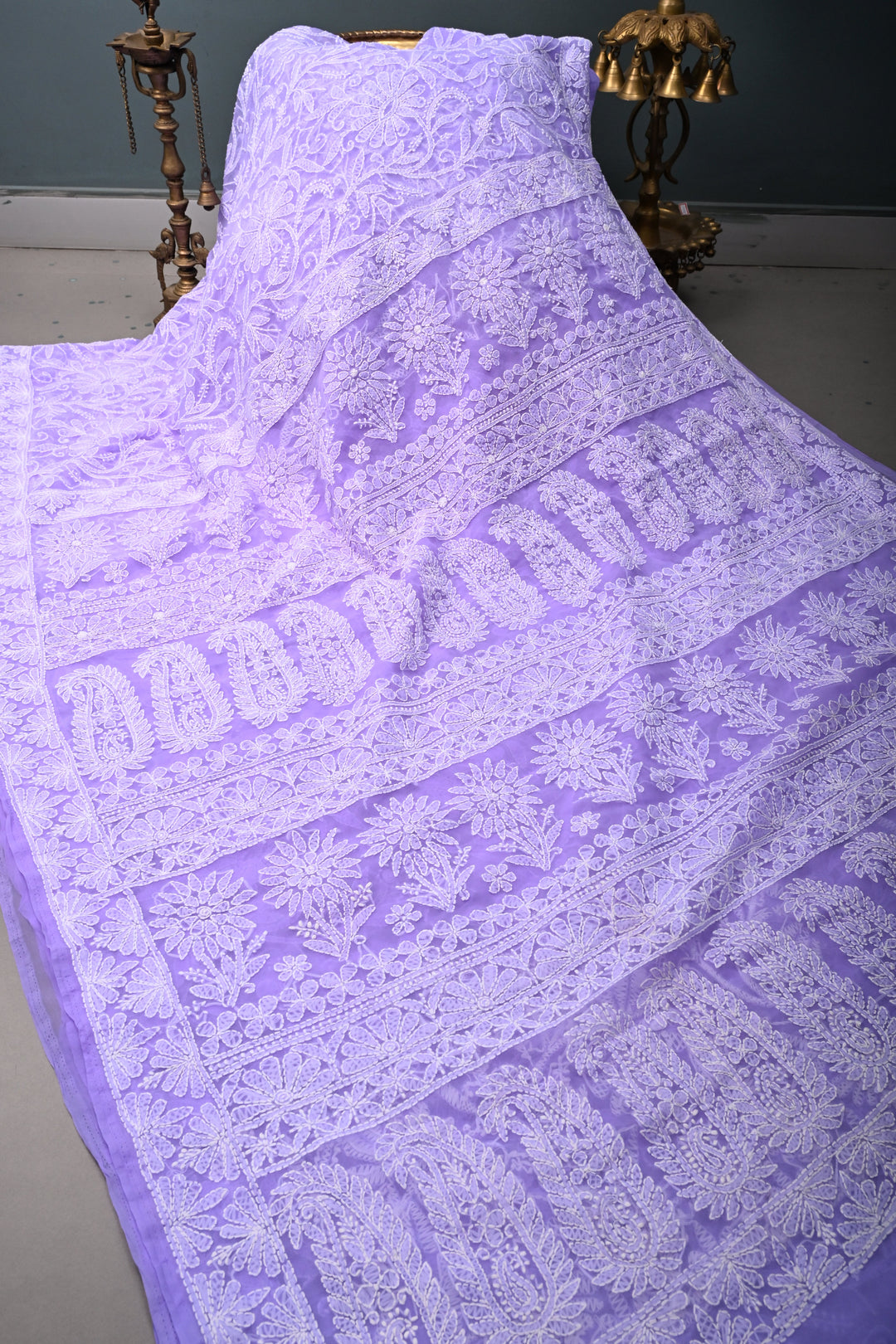Periwinkle Authentic Hand-Embroidered Full Jaal Chikankari Georgette Saree with Border | SHOBITAM