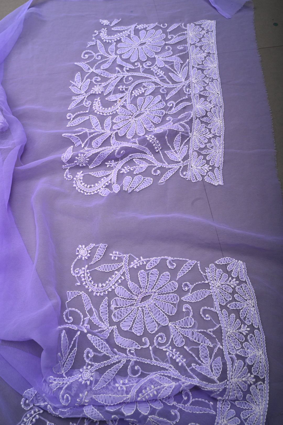 Periwinkle Authentic Hand-Embroidered Full Jaal Chikankari Georgette Saree with Border | SHOBITAM