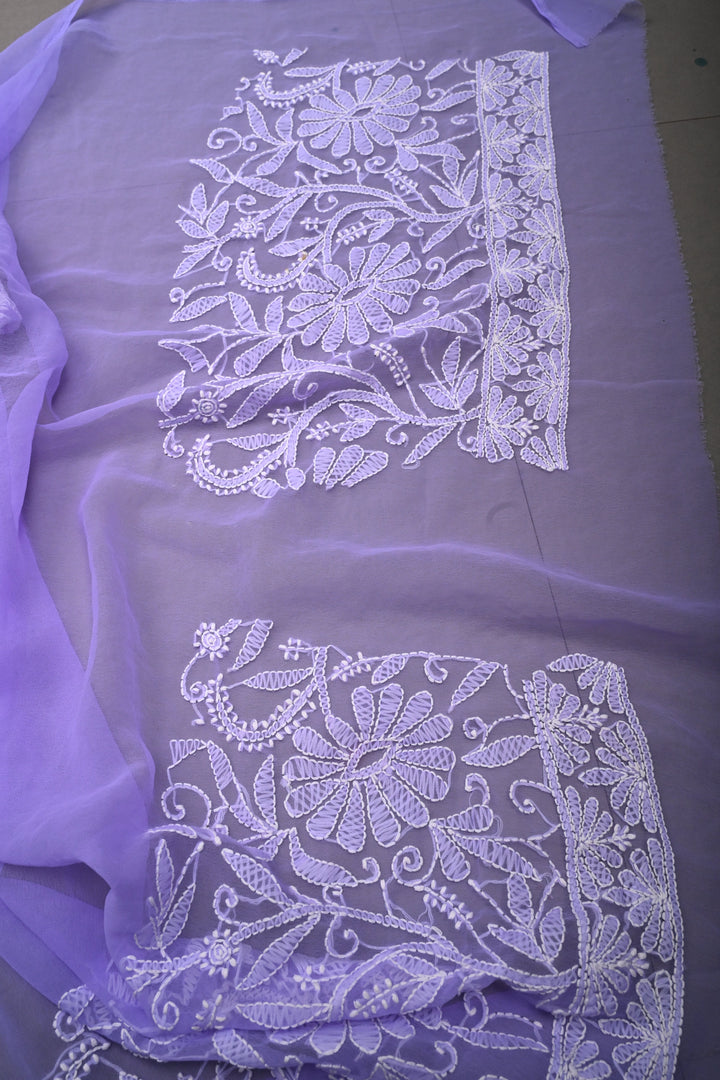 Periwinkle Authentic Hand-Embroidered Full Jaal Chikankari Georgette Saree with Border | SHOBITAM