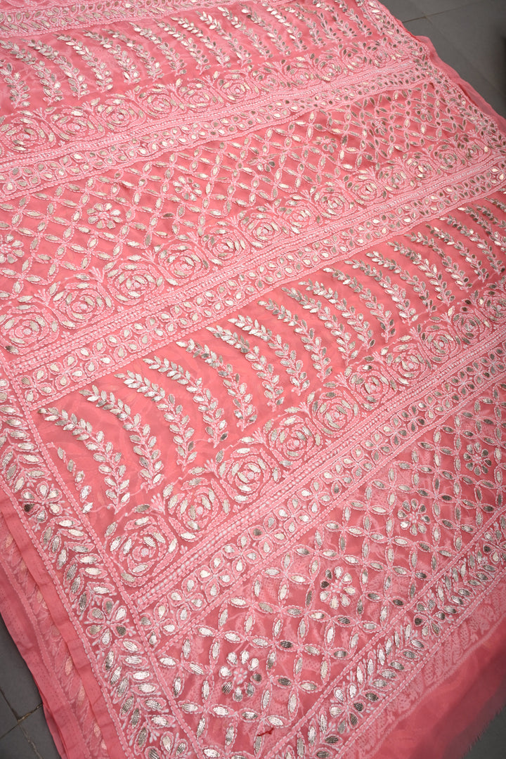 Pink Authentic Hand-Embroidered Full Jaal Chikankari Georgette Saree with Gotta Work and Border | SHOBITAM