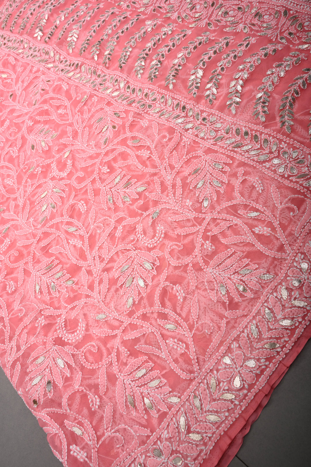 Pink Authentic Hand-Embroidered Full Jaal Chikankari Georgette Saree with Gotta Work and Border | SHOBITAM