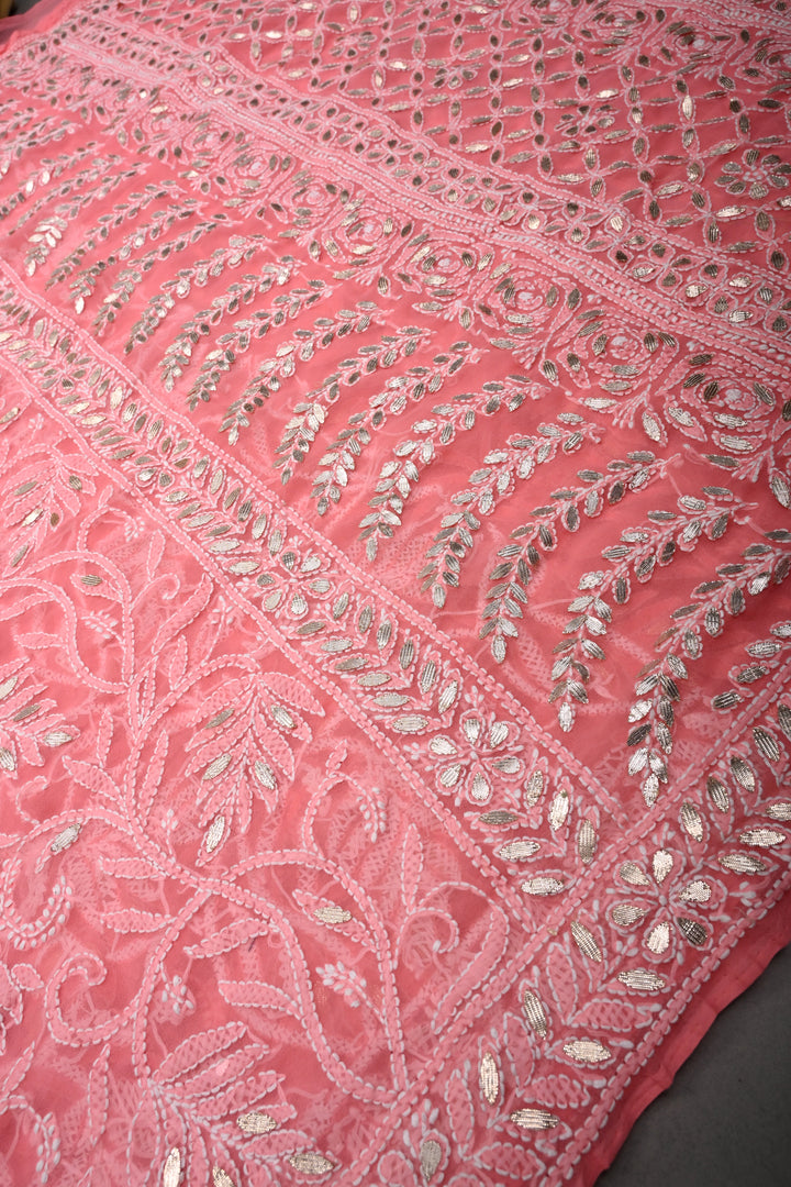 Pink Authentic Hand-Embroidered Full Jaal Chikankari Georgette Saree with Gotta Work and Border | SHOBITAM