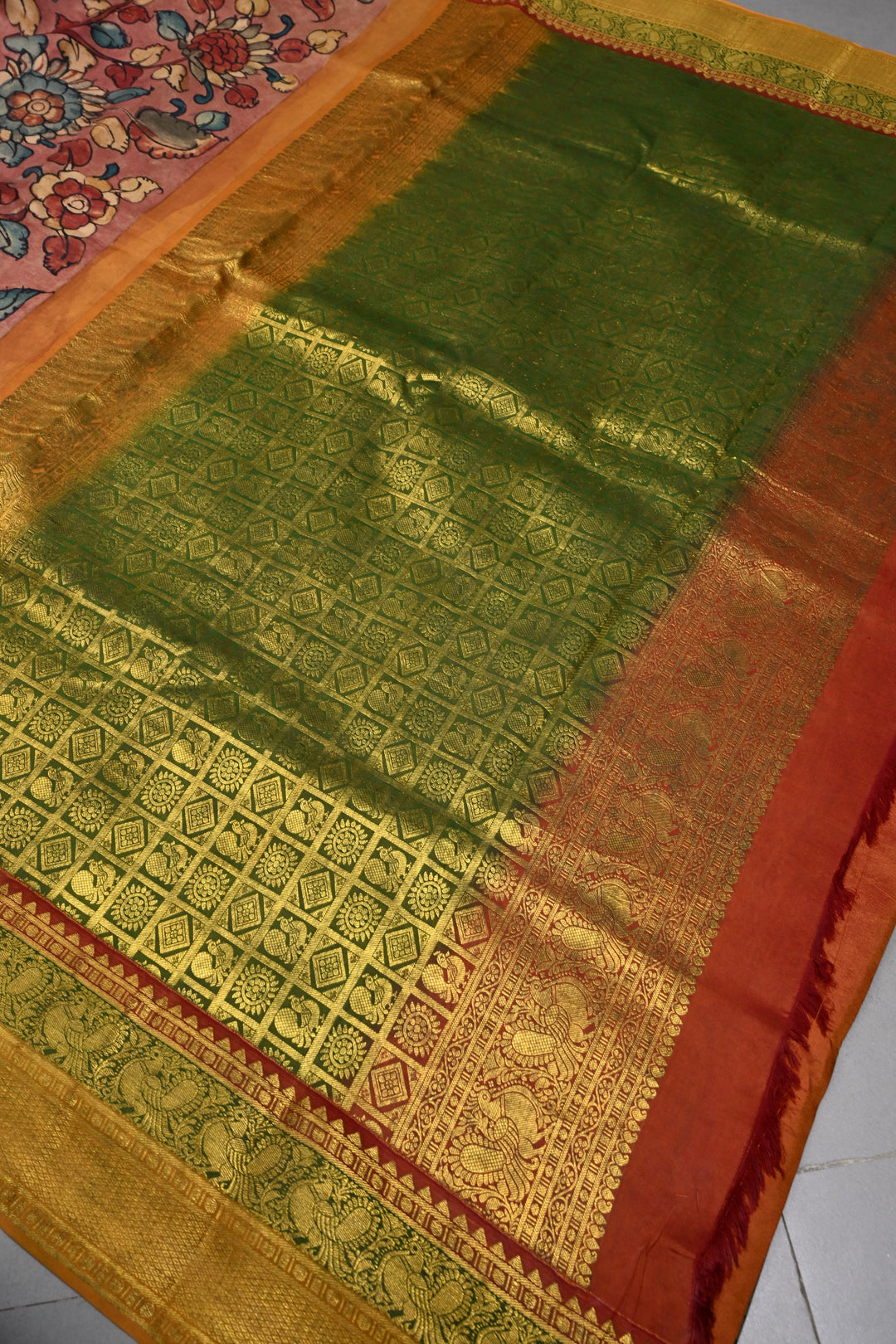 Floral and Peacock Theme : Dusty Rose Authentic Pen Kalamkari Handpainted on Pure Kanjivaram Silk Saree with Two Tone Contrast Zari Border | SILK MARK CERTIFIED | SHOBITAM