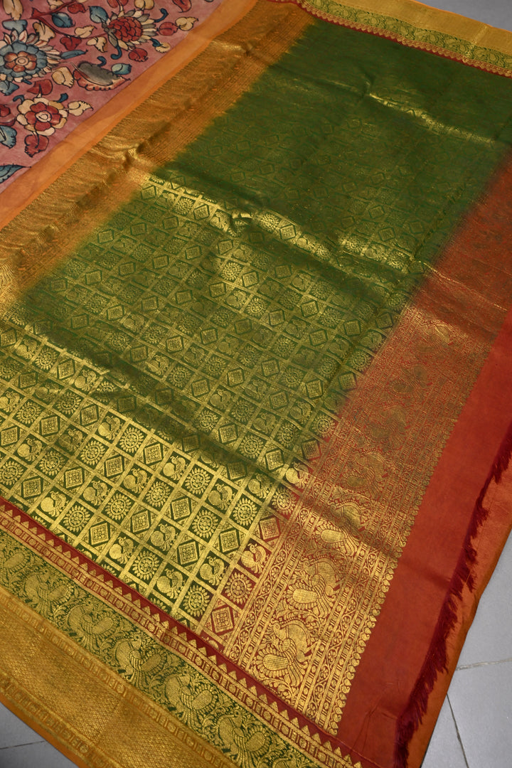 Floral and Peacock Theme : Dusty Rose Authentic Pen Kalamkari Handpainted on Pure Kanjivaram Silk Saree with Two Tone Contrast Zari Border | SILK MARK CERTIFIED | SHOBITAM