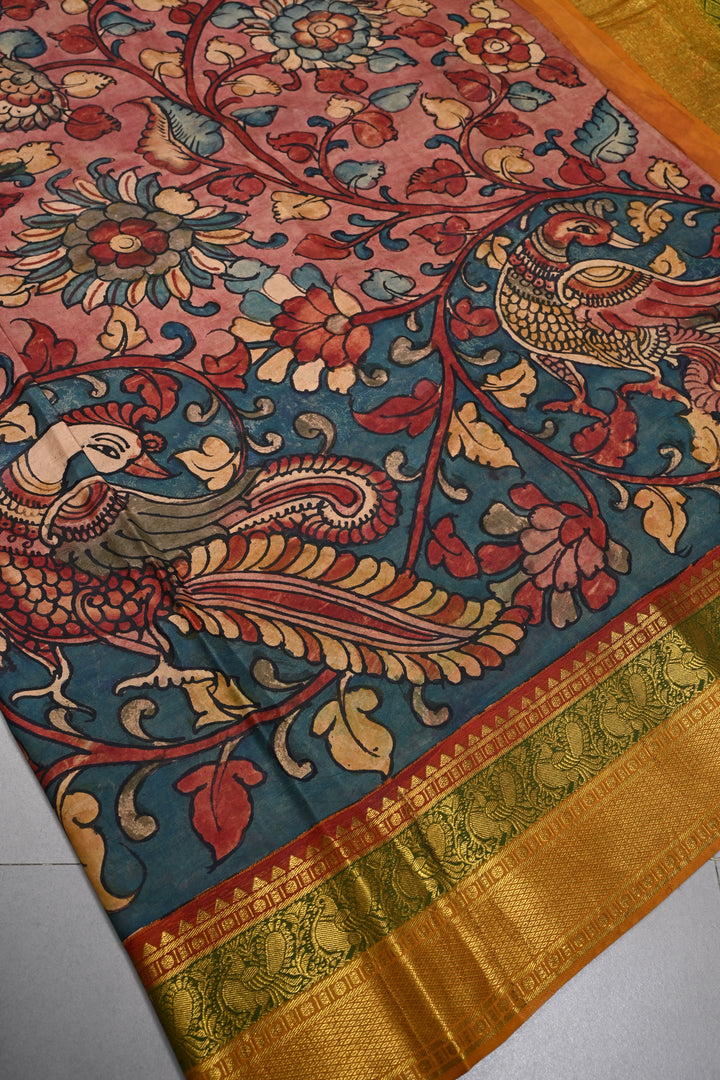 Floral and Peacock Theme : Dusty Rose Authentic Pen Kalamkari Handpainted on Pure Kanjivaram Silk Saree with Two Tone Contrast Zari Border | SILK MARK CERTIFIED | SHOBITAM