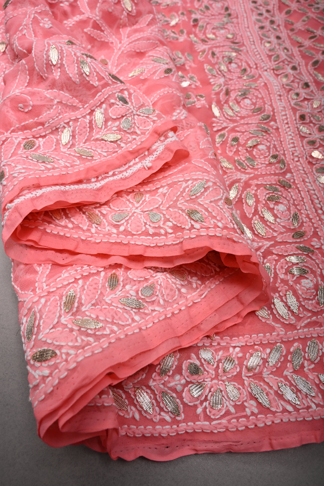 Pink Authentic Hand-Embroidered Full Jaal Chikankari Georgette Saree with Gotta Work and Border | SHOBITAM