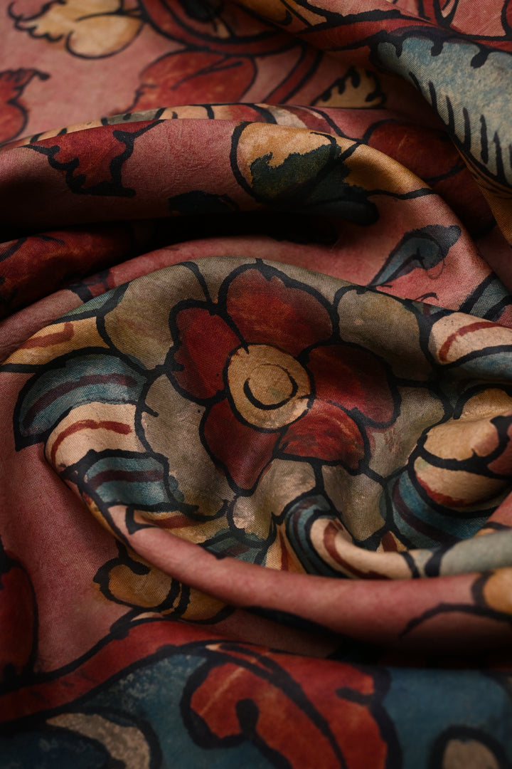 Floral and Peacock Theme : Dusty Rose Authentic Pen Kalamkari Handpainted on Pure Kanjivaram Silk Saree with Two Tone Contrast Zari Border | SILK MARK CERTIFIED | SHOBITAM