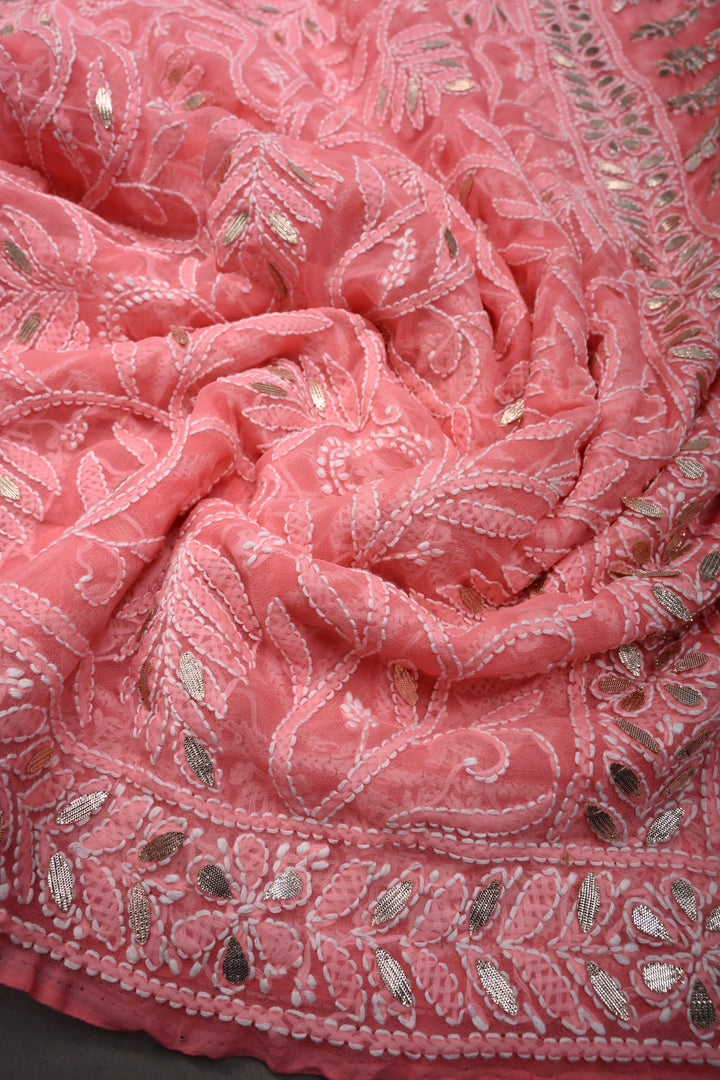 Pink Authentic Hand-Embroidered Full Jaal Chikankari Georgette Saree with Gotta Work and Border | SHOBITAM