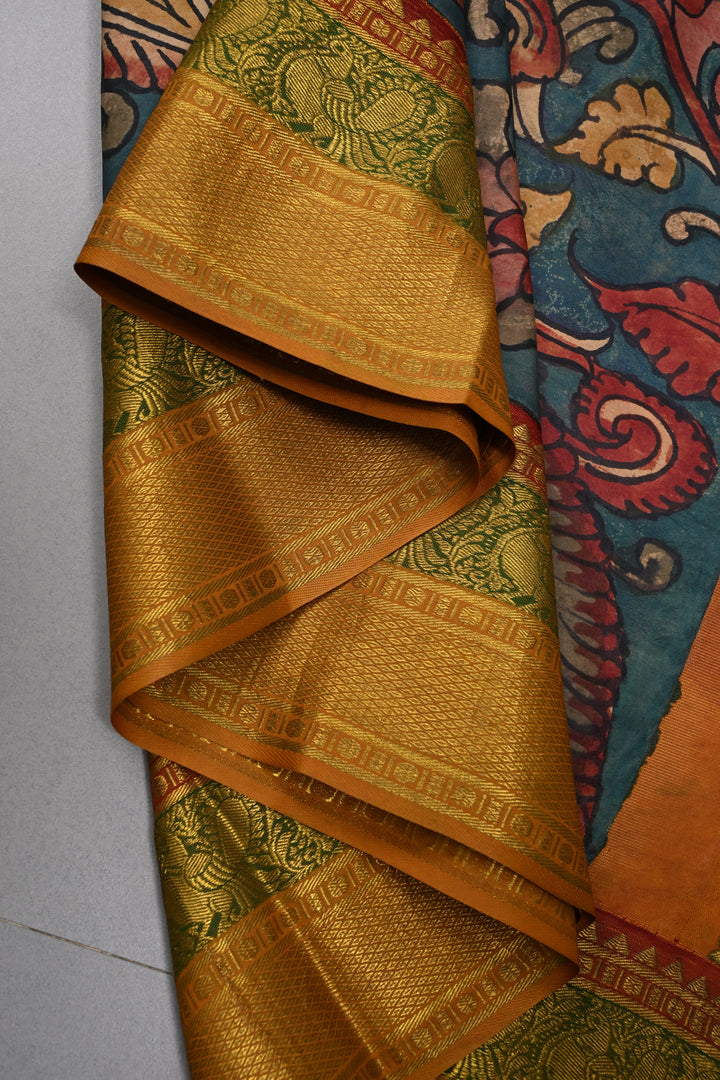 Floral and Peacock Theme : Dusty Rose Authentic Pen Kalamkari Handpainted on Pure Kanjivaram Silk Saree with Two Tone Contrast Zari Border | SILK MARK CERTIFIED | SHOBITAM
