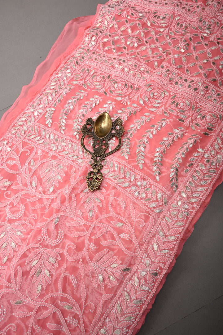 Pink Authentic Hand-Embroidered Full Jaal Chikankari Georgette Saree with Gotta Work and Border | SHOBITAM