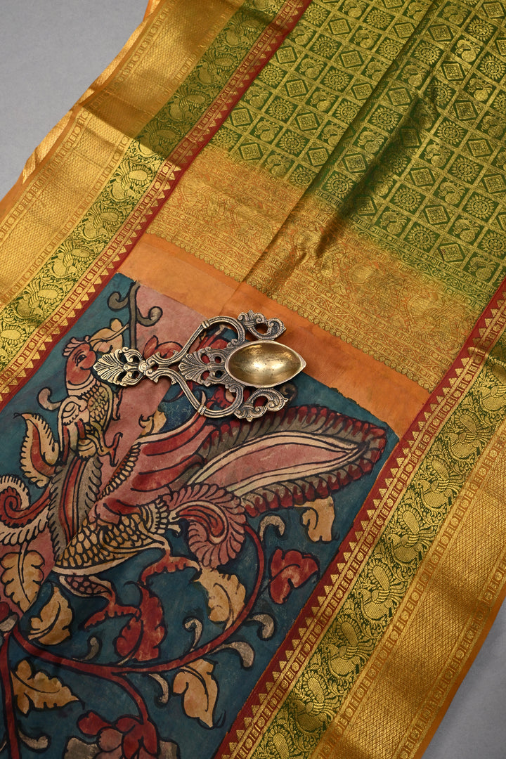 Floral and Peacock Theme : Dusty Rose Authentic Pen Kalamkari Handpainted on Pure Kanjivaram Silk Saree with Two Tone Contrast Zari Border | SILK MARK CERTIFIED | SHOBITAM