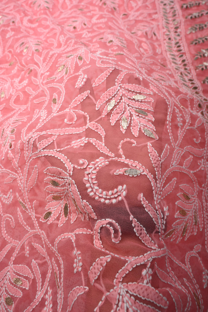 Pink Authentic Hand-Embroidered Full Jaal Chikankari Georgette Saree with Gotta Work and Border | SHOBITAM