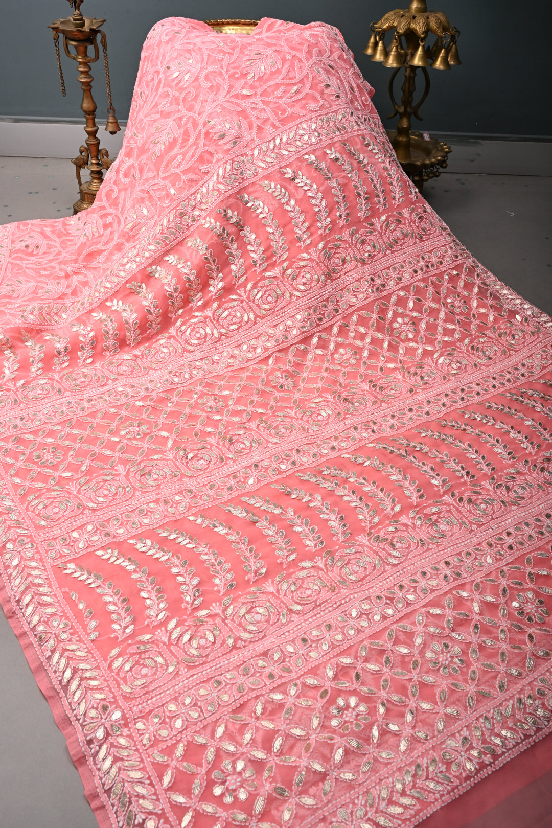 Pink Authentic Hand-Embroidered Full Jaal Chikankari Georgette Saree with Gotta Work and Border | SHOBITAM