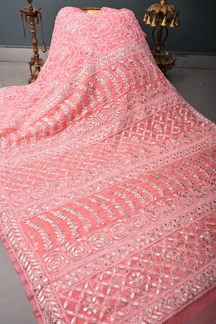 Pink Authentic Hand-Embroidered Full Jaal Chikankari Georgette Saree with Gotta Work and Border | SHOBITAM