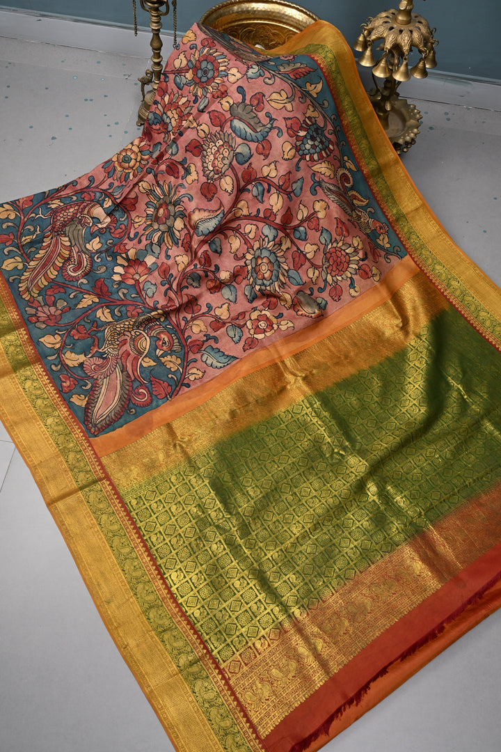Floral and Peacock Theme : Dusty Rose Authentic Pen Kalamkari Handpainted on Pure Kanjivaram Silk Saree with Two Tone Contrast Zari Border | SILK MARK CERTIFIED | SHOBITAM