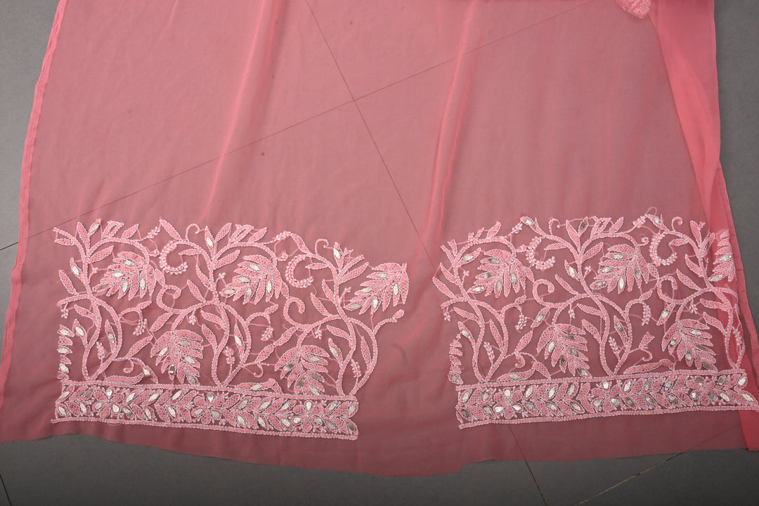 Pink Authentic Hand-Embroidered Full Jaal Chikankari Georgette Saree with Gotta Work and Border | SHOBITAM
