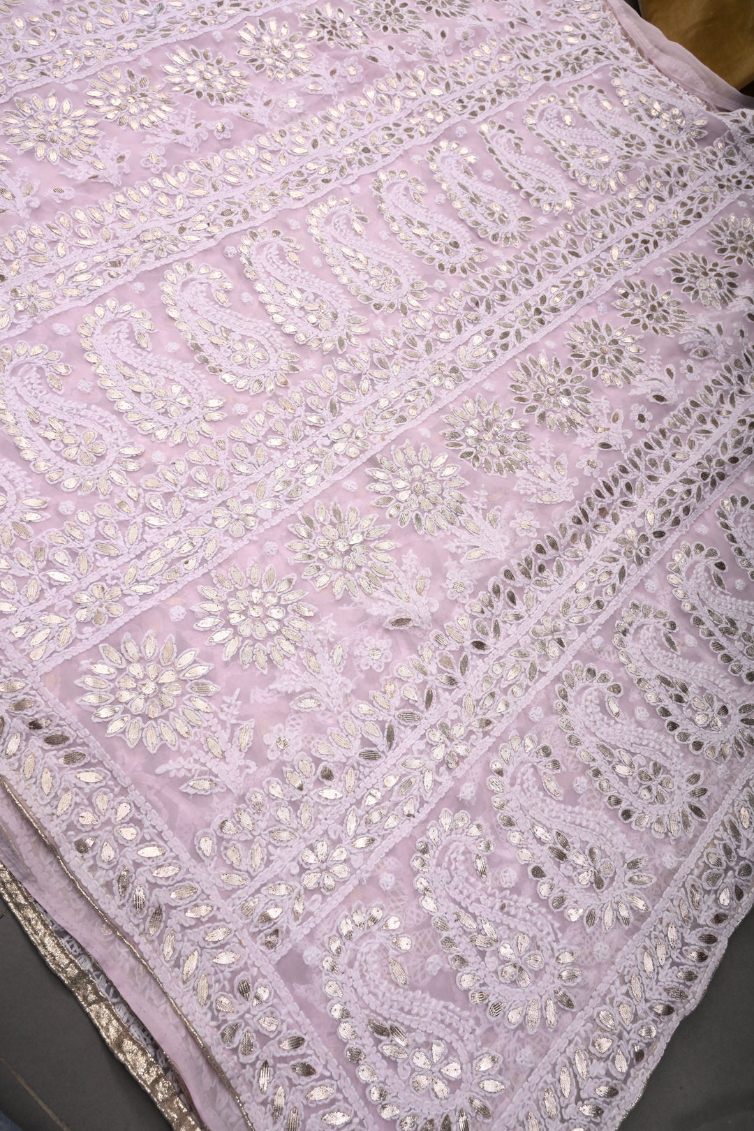 Light Pink Authentic Hand-Embroidered Full Jaal Chikankari Georgette Saree with Gotta Work and Border | SHOBITAM