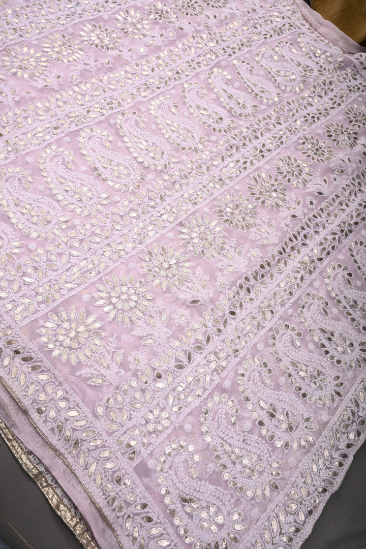 Light Pink Authentic Hand-Embroidered Full Jaal Chikankari Georgette Saree with Gotta Work and Border | SHOBITAM