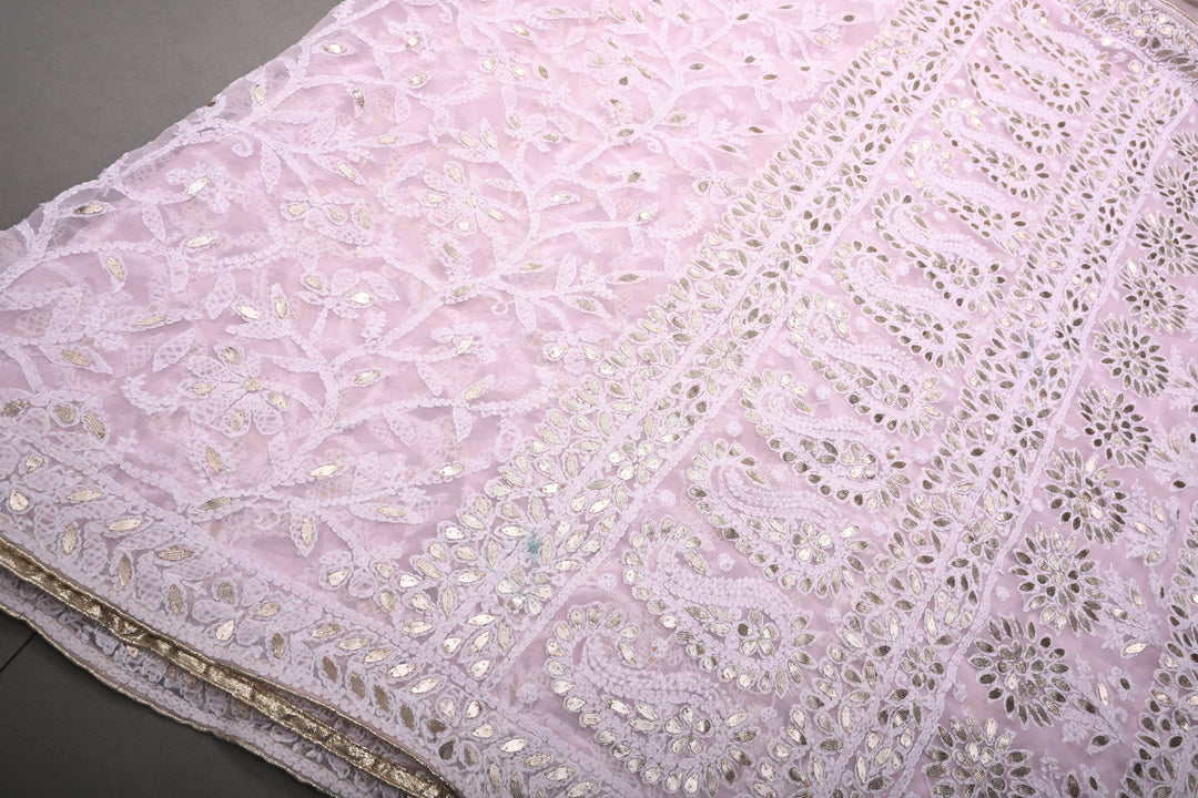 Light Pink Authentic Hand-Embroidered Full Jaal Chikankari Georgette Saree with Gotta Work and Border | SHOBITAM