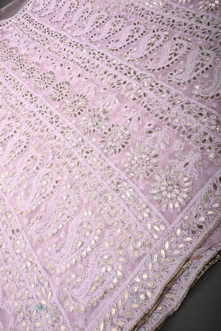 Light Pink Authentic Hand-Embroidered Full Jaal Chikankari Georgette Saree with Gotta Work and Border | SHOBITAM