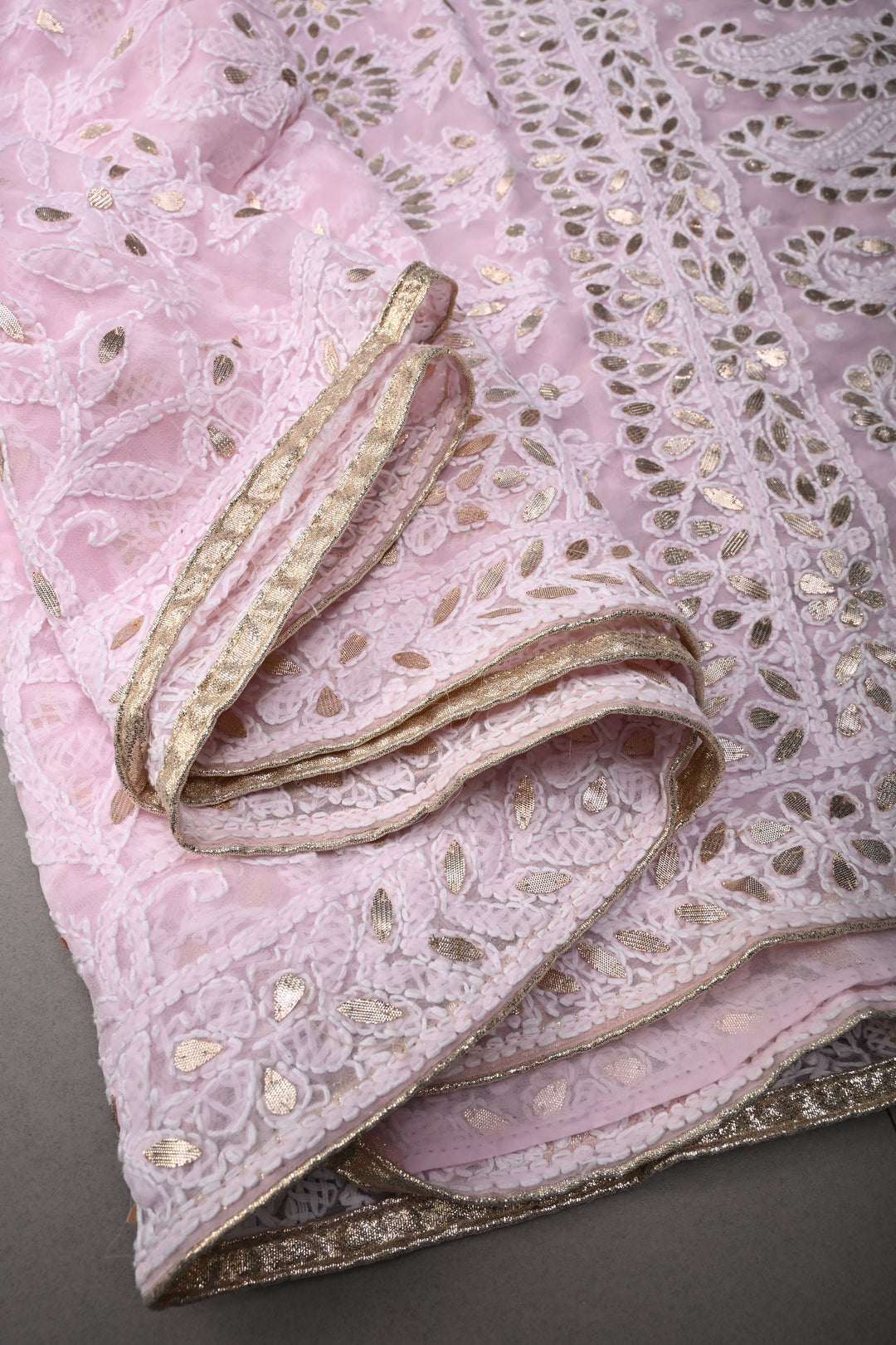 Light Pink Authentic Hand-Embroidered Full Jaal Chikankari Georgette Saree with Gotta Work and Border | SHOBITAM
