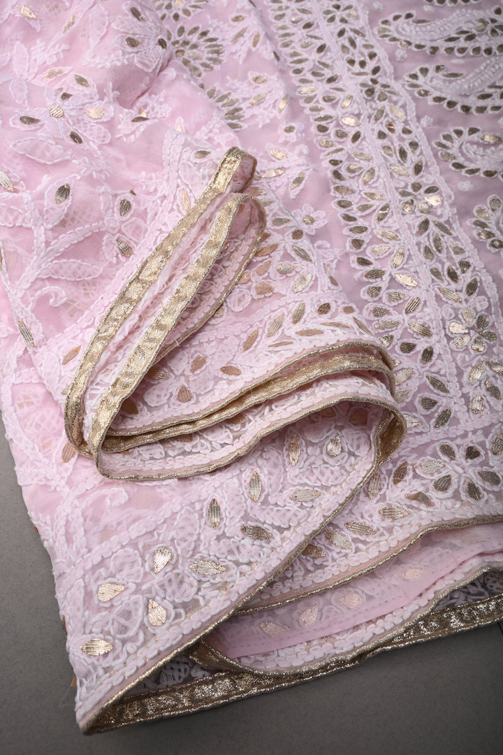 Light Pink Authentic Hand-Embroidered Full Jaal Chikankari Georgette Saree with Gotta Work and Border | SHOBITAM