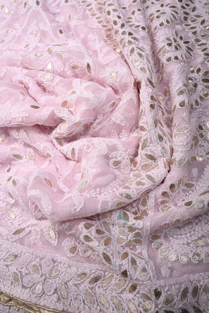 Light Pink Authentic Hand-Embroidered Full Jaal Chikankari Georgette Saree with Gotta Work and Border | SHOBITAM
