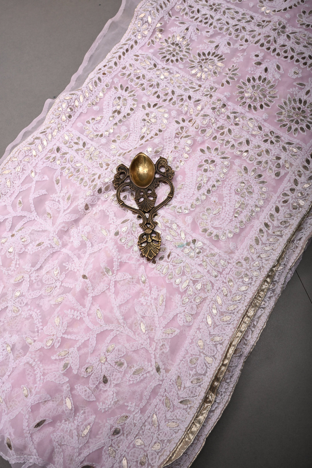 Light Pink Authentic Hand-Embroidered Full Jaal Chikankari Georgette Saree with Gotta Work and Border | SHOBITAM