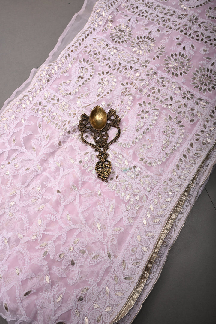 Light Pink Authentic Hand-Embroidered Full Jaal Chikankari Georgette Saree with Gotta Work and Border | SHOBITAM