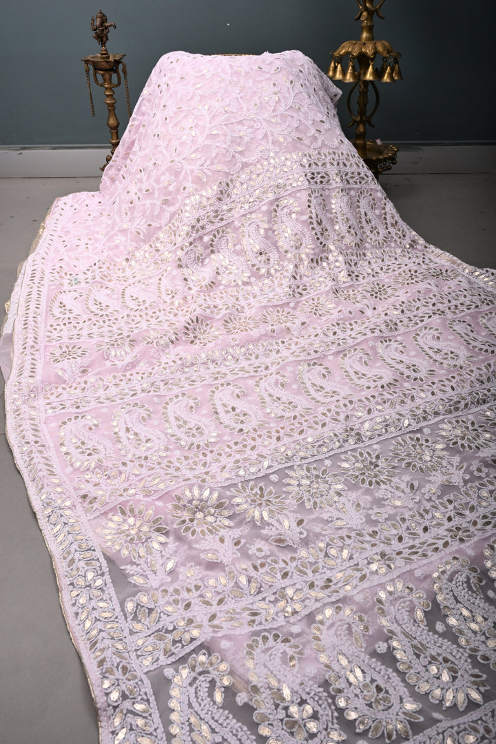 Light Pink Authentic Hand-Embroidered Full Jaal Chikankari Georgette Saree with Gotta Work and Border | SHOBITAM