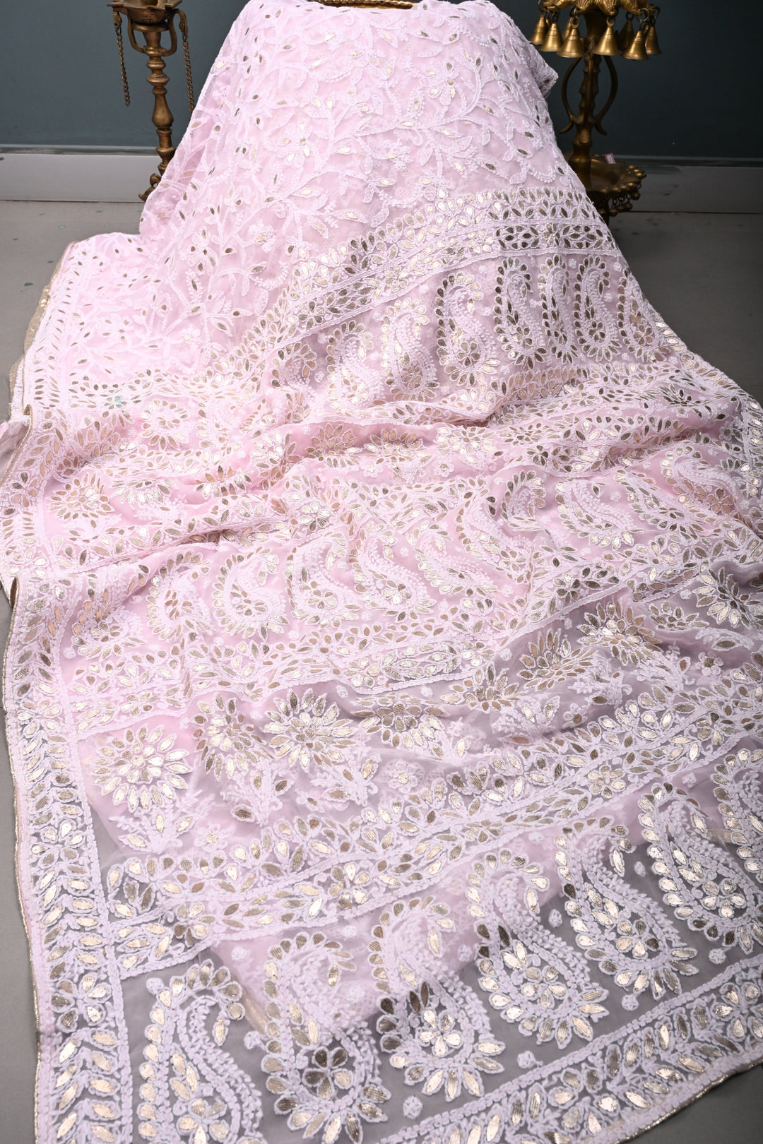 Light Pink Authentic Hand-Embroidered Full Jaal Chikankari Georgette Saree with Gotta Work and Border | SHOBITAM