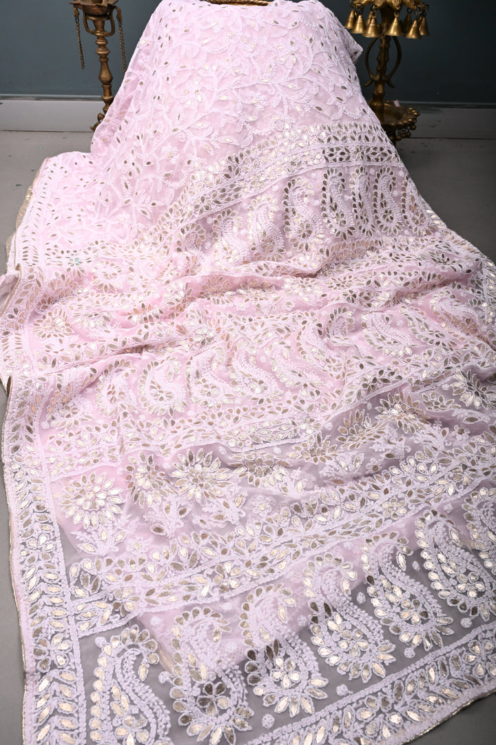 Light Pink Authentic Hand-Embroidered Full Jaal Chikankari Georgette Saree with Gotta Work and Border | SHOBITAM