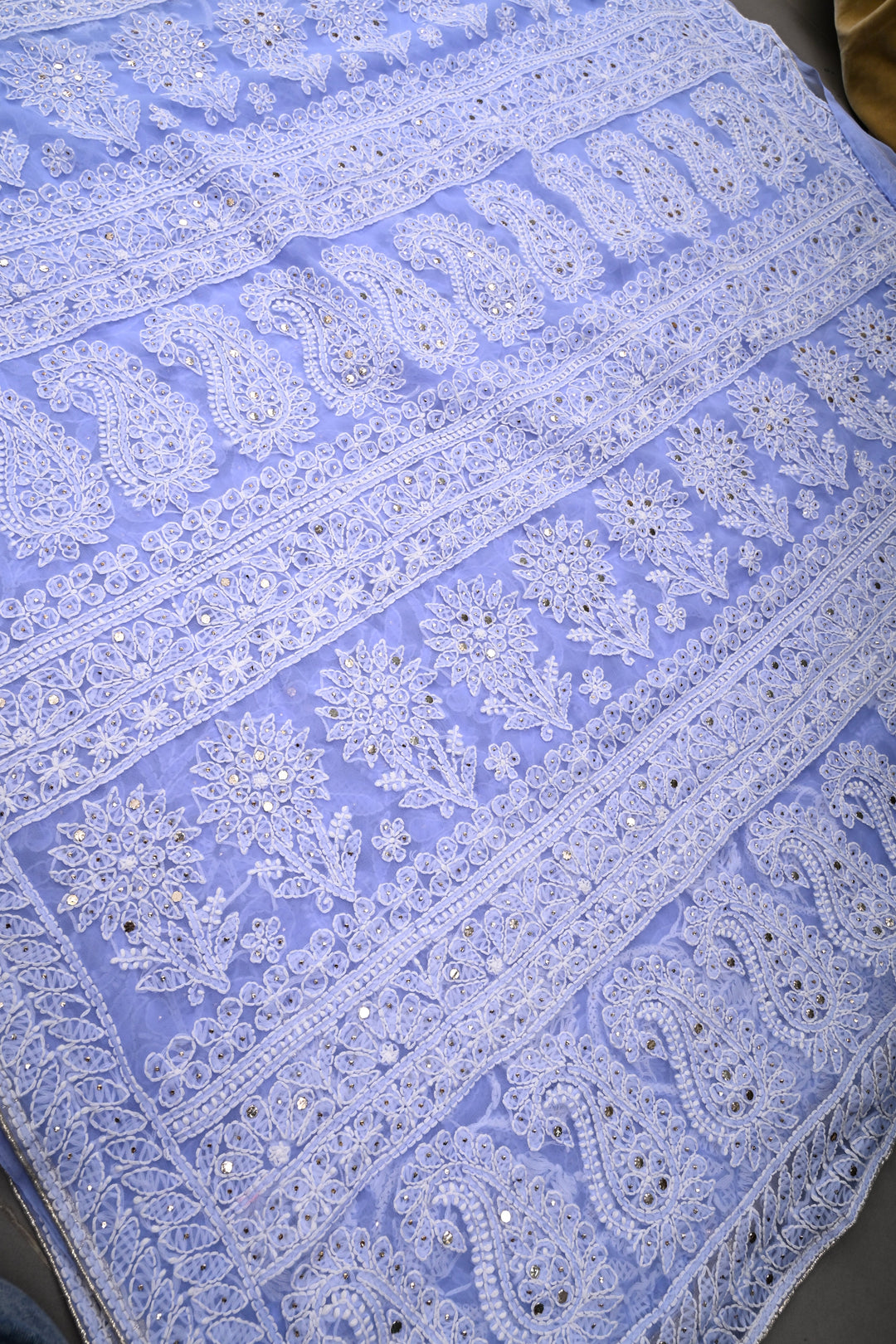 Periwinkle Authentic Hand-Embroidered Full Jaal Chikankari Georgette Saree with Mukeish Work and Border | SHOBITAM