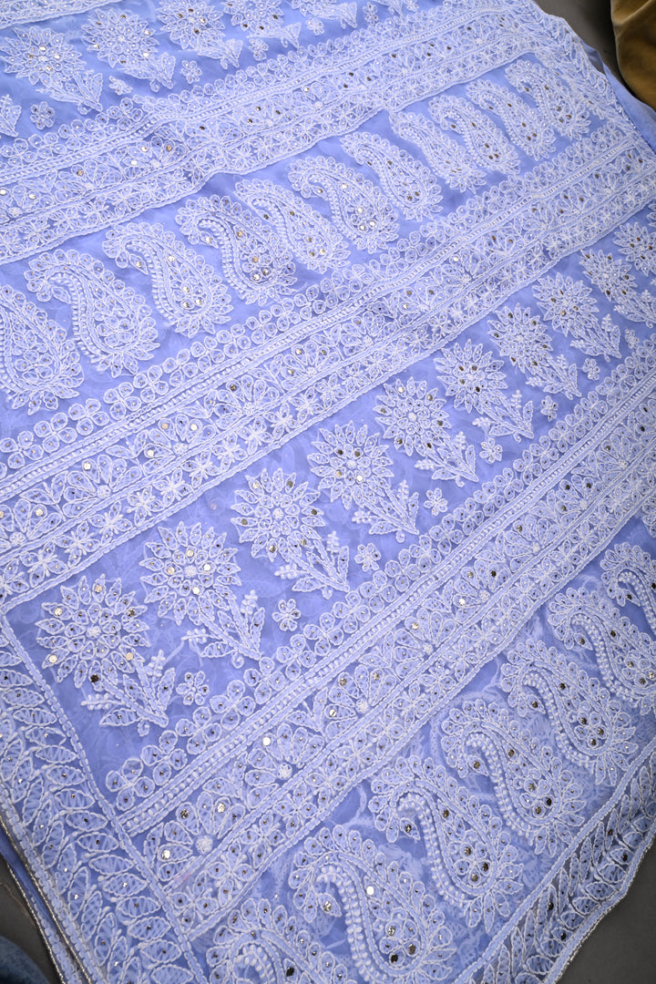 Periwinkle Authentic Hand-Embroidered Full Jaal Chikankari Georgette Saree with Mukeish Work and Border | SHOBITAM