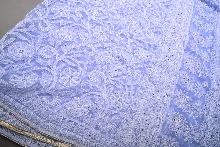Periwinkle Authentic Hand-Embroidered Full Jaal Chikankari Georgette Saree with Mukeish Work and Border | SHOBITAM