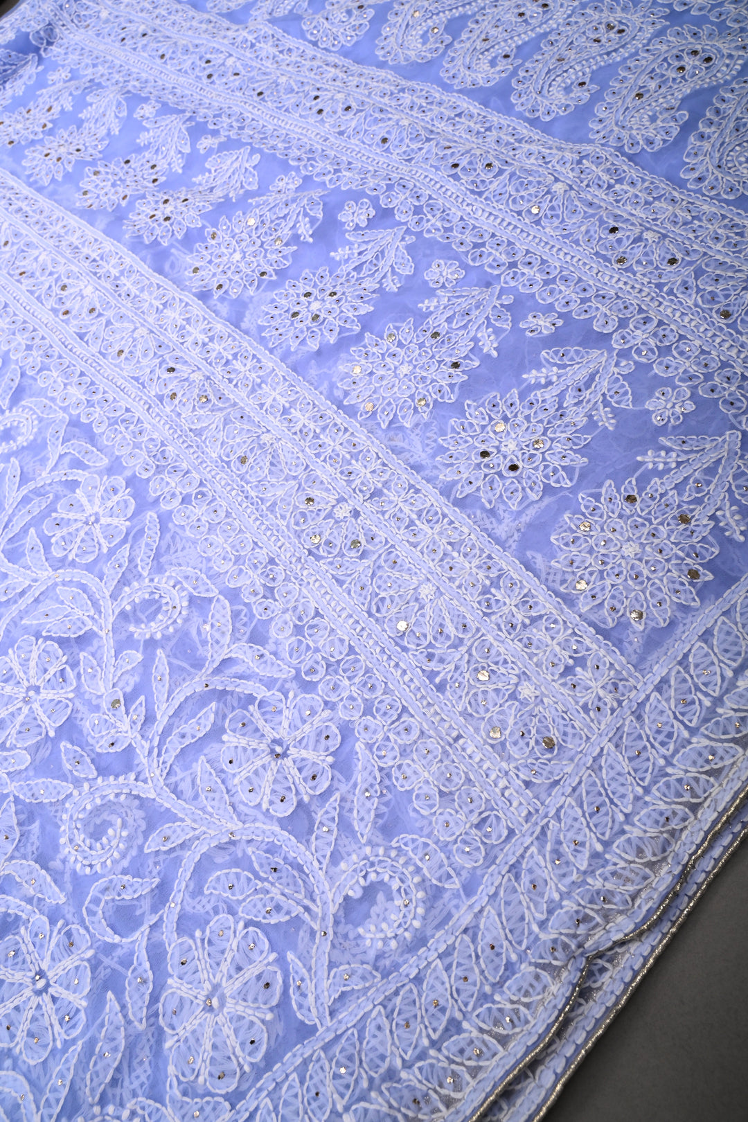 Periwinkle Authentic Hand-Embroidered Full Jaal Chikankari Georgette Saree with Mukeish Work and Border | SHOBITAM