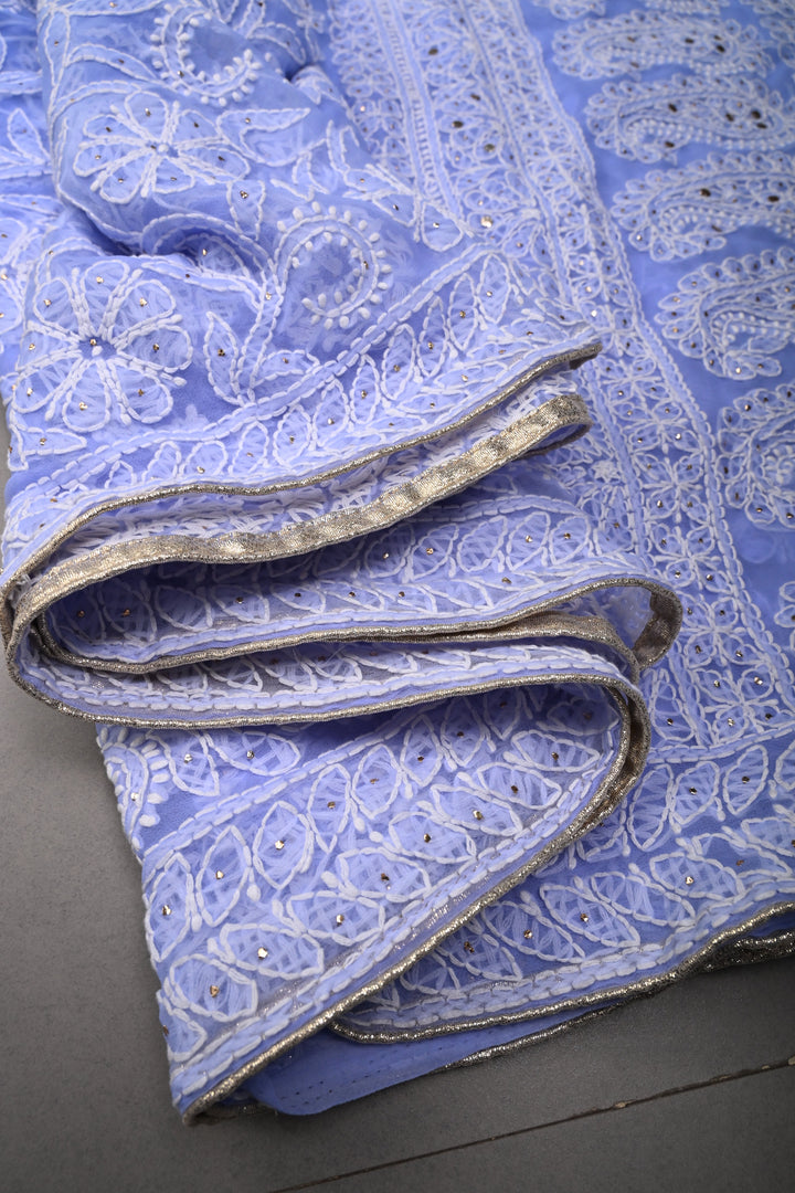 Periwinkle Authentic Hand-Embroidered Full Jaal Chikankari Georgette Saree with Mukeish Work and Border | SHOBITAM