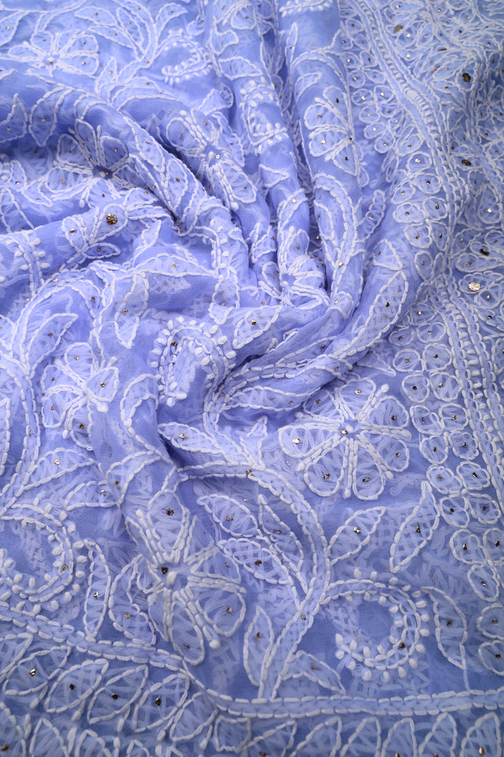 Periwinkle Authentic Hand-Embroidered Full Jaal Chikankari Georgette Saree with Mukeish Work and Border | SHOBITAM