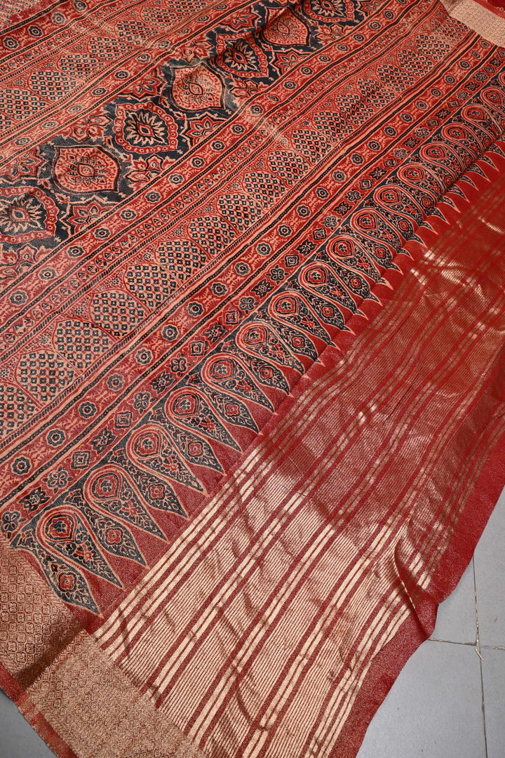 Brick Red Vegan Viscose Tissue Silk Saree with Ajrakh  Print and Zari Border | SHOBITAM