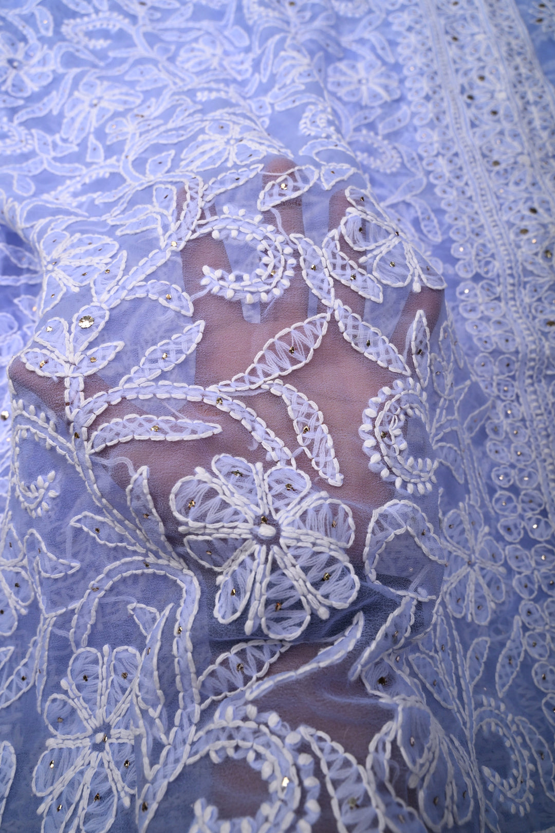 Periwinkle Authentic Hand-Embroidered Full Jaal Chikankari Georgette Saree with Mukeish Work and Border | SHOBITAM
