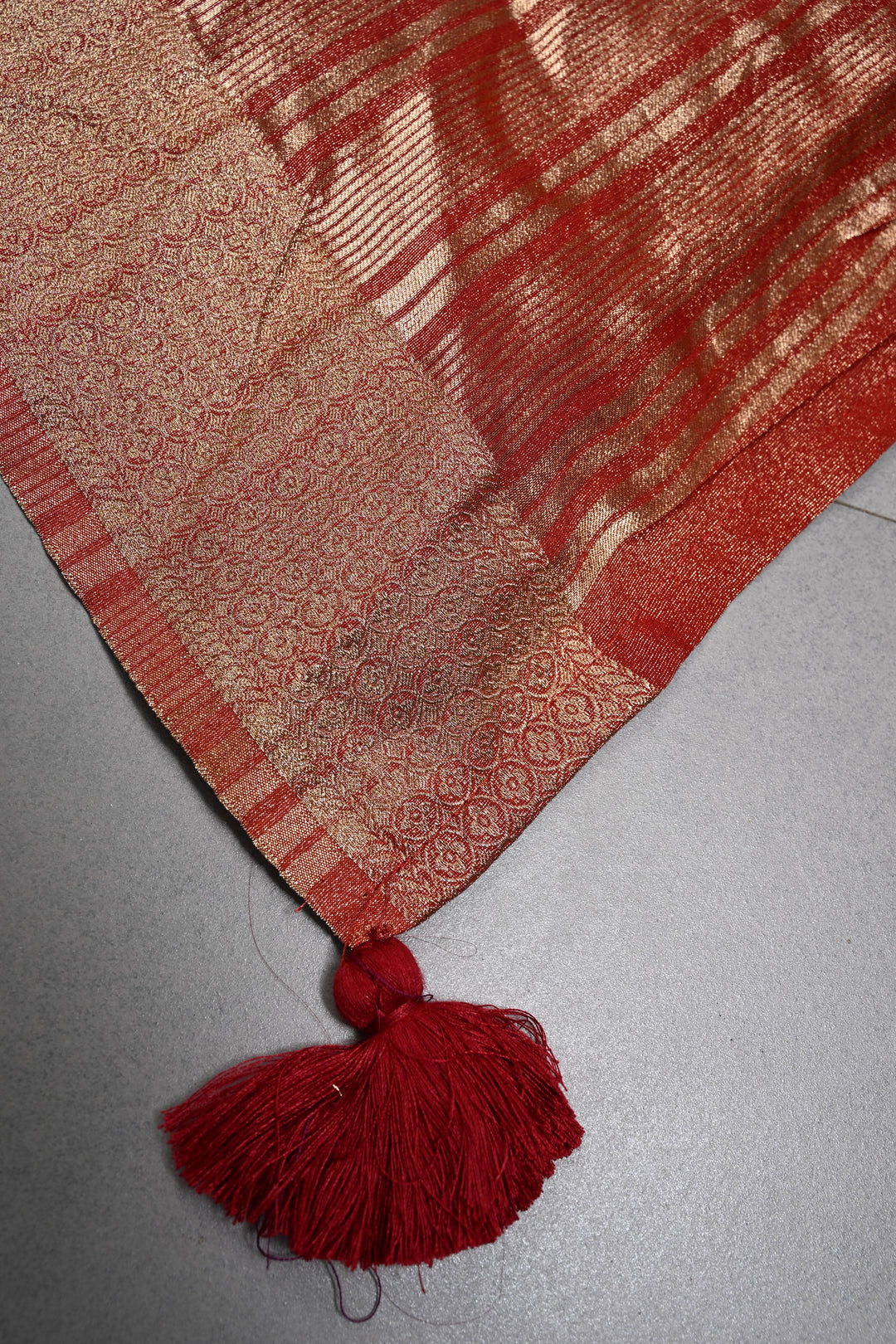 Brick Red Vegan Viscose Tissue Silk Saree with Ajrakh  Print and Zari Border | SHOBITAM