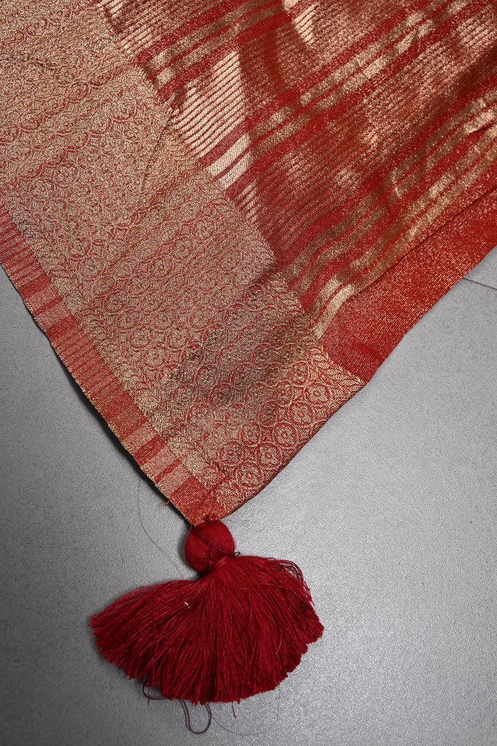 Brick Red Vegan Viscose Tissue Silk Saree with Ajrakh  Print and Zari Border | SHOBITAM