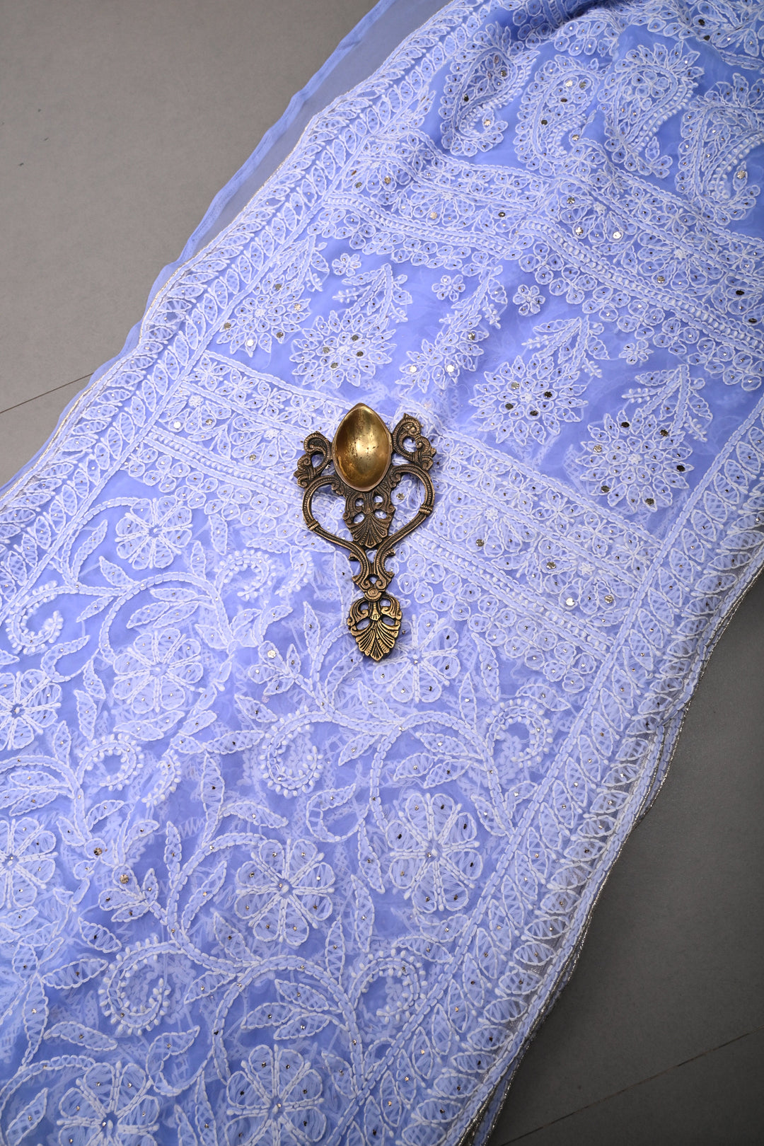 Periwinkle Authentic Hand-Embroidered Full Jaal Chikankari Georgette Saree with Mukeish Work and Border | SHOBITAM