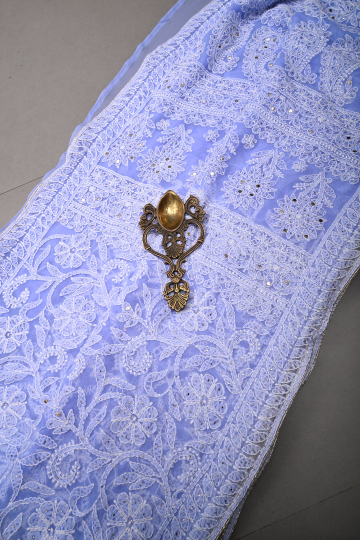 Periwinkle Authentic Hand-Embroidered Full Jaal Chikankari Georgette Saree with Mukeish Work and Border | SHOBITAM
