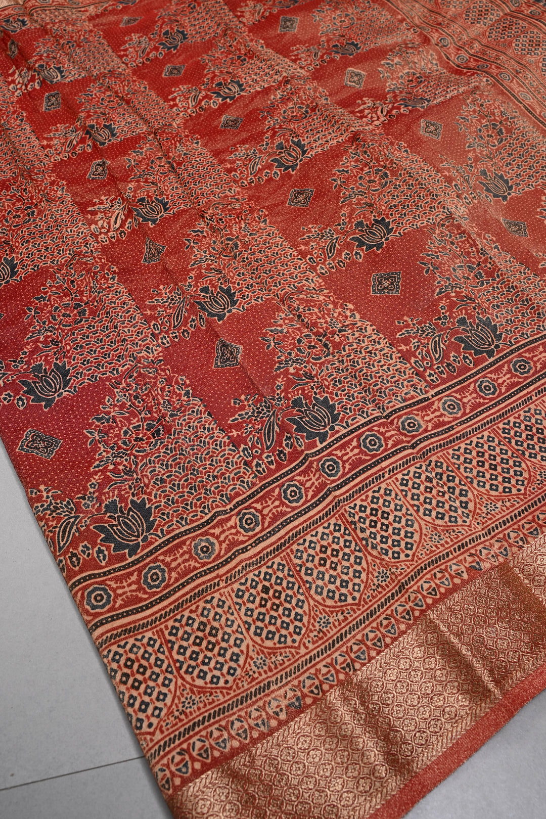 Brick Red Vegan Viscose Tissue Silk Saree with Ajrakh  Print and Zari Border | SHOBITAM
