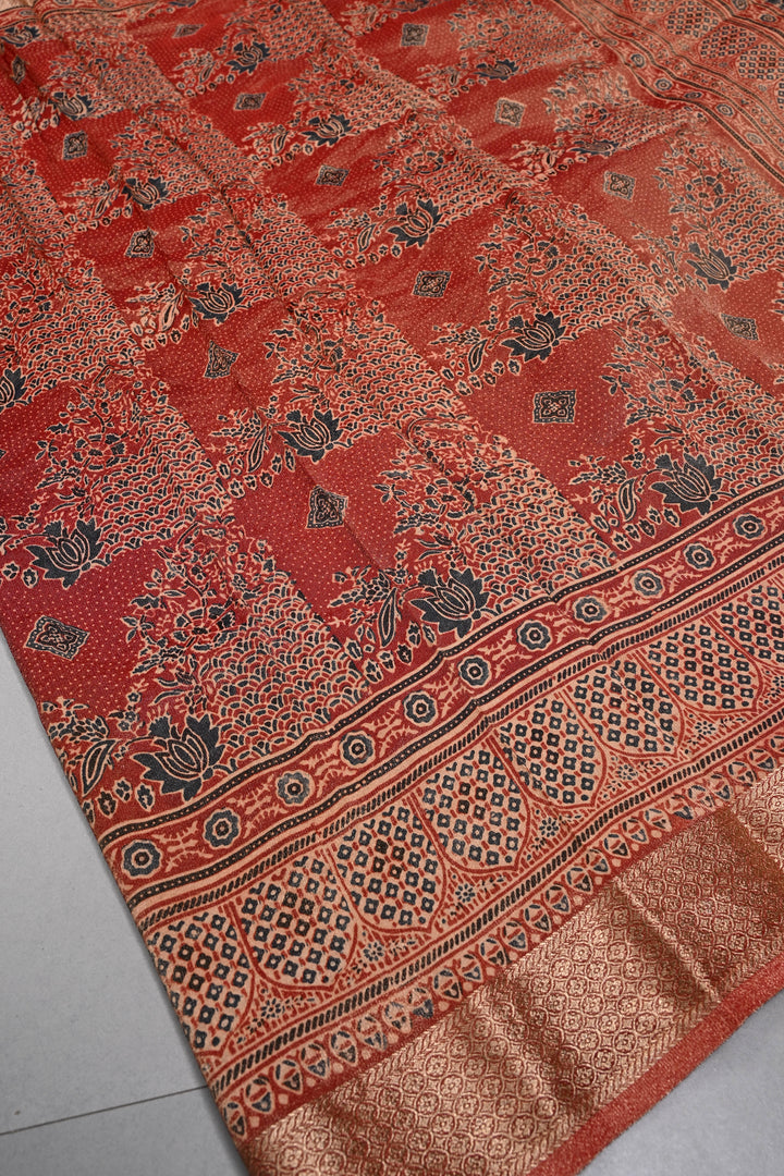 Brick Red Vegan Viscose Tissue Silk Saree with Ajrakh  Print and Zari Border | SHOBITAM