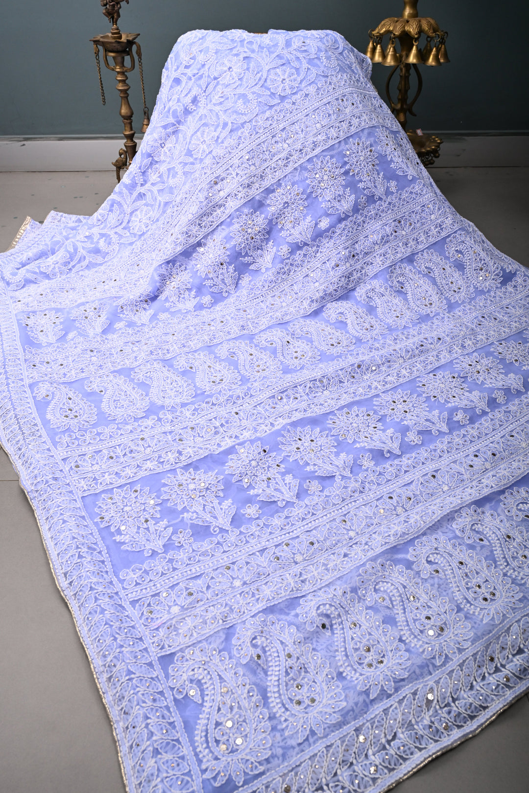 Periwinkle Authentic Hand-Embroidered Full Jaal Chikankari Georgette Saree with Mukeish Work and Border | SHOBITAM
