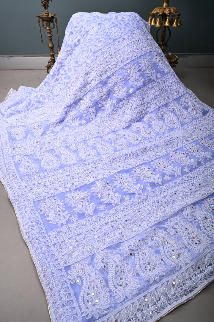 Periwinkle Authentic Hand-Embroidered Full Jaal Chikankari Georgette Saree with Mukeish Work and Border | SHOBITAM