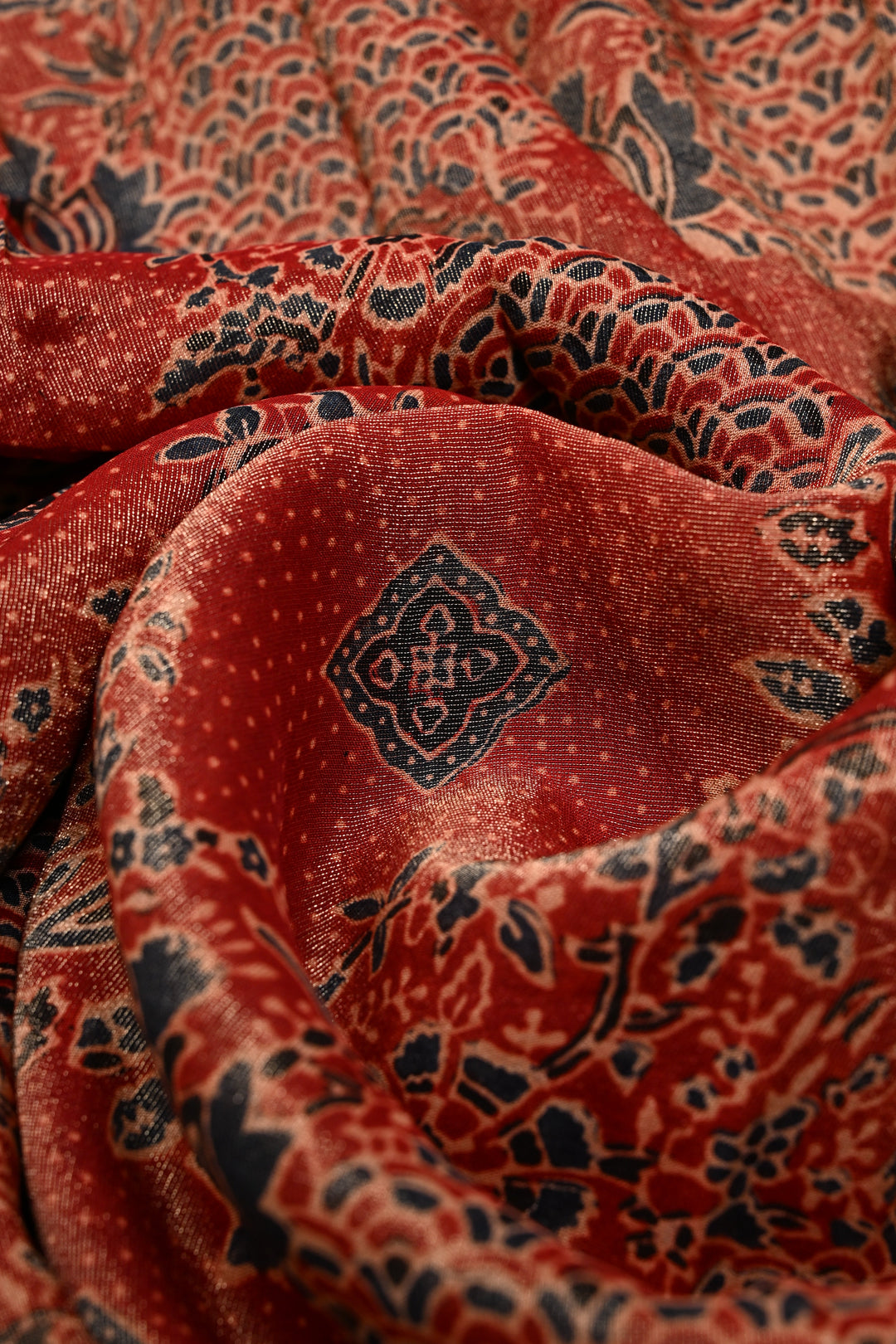 Brick Red Vegan Viscose Tissue Silk Saree with Ajrakh  Print and Zari Border | SHOBITAM